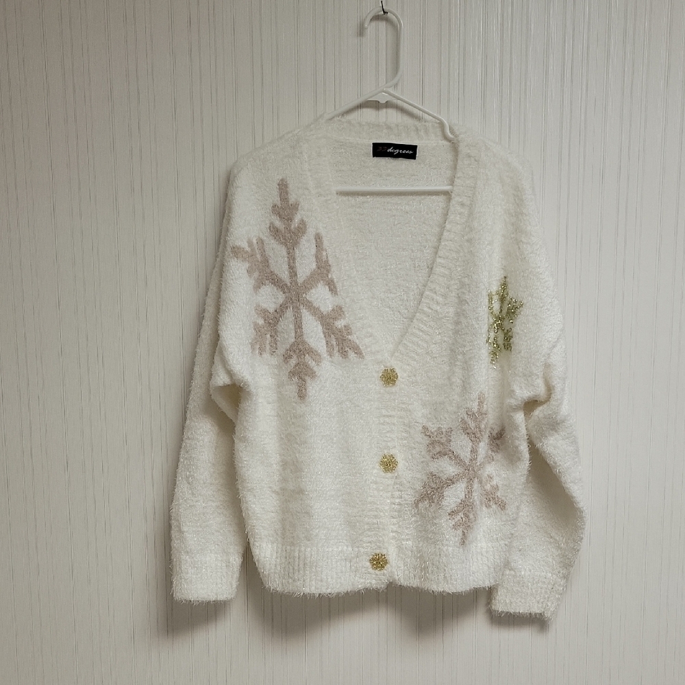33 Degrees White and Gold Snowflake Cardigan, Women's XL